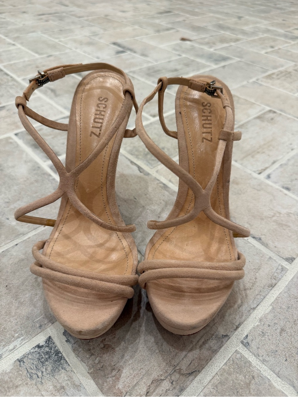 SCHUTZ Nude/Tan Strappy Suede Platform Stiletto Sandals with Dust Bag - Picture 2 of 15